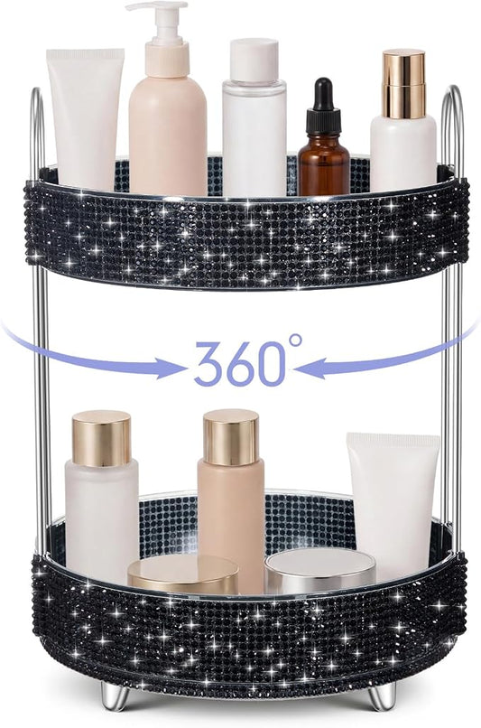 Honeydak 360 Rotating Perfume Organizer Gift for Women, Rhinestone Preppy Skincare Organizer Bathroom Counter Makeup Holder Skincare and Perfume Storage for Cosmetic(2 Tiers,Resin Diamond,Black)