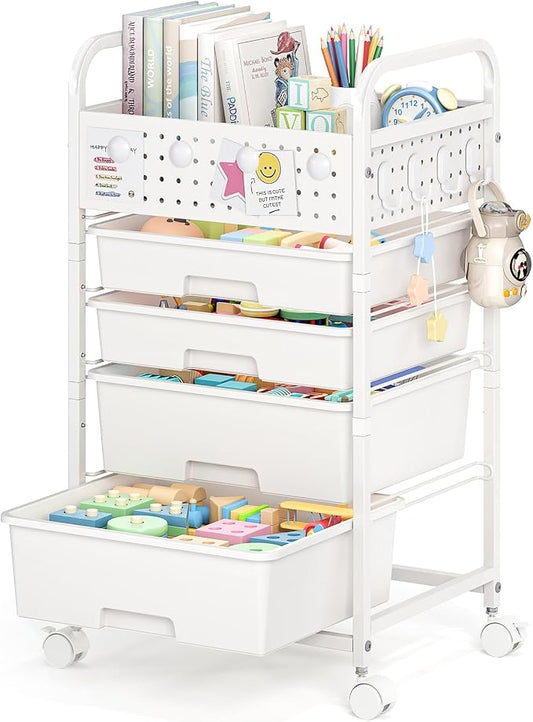 SYKIARIOL 4 Drawer Rolling Storage Cart with Pegboard Top and Hooks, Mobile Organizer Cart with Wheels for Office Supplies, Craft Storage, Classroom Organization, Home Utility Cart, White