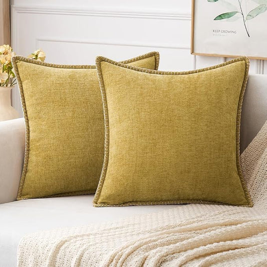 MIULEE Pack of 2 Couch Throw Pillow Covers 20x20 Inch Mustard Yellow Farmhouse Decorative Pillow Covers with Stitched Edge Soft Chenille Solid Dyed Pillow Covers for Sofa Bed Living Room
