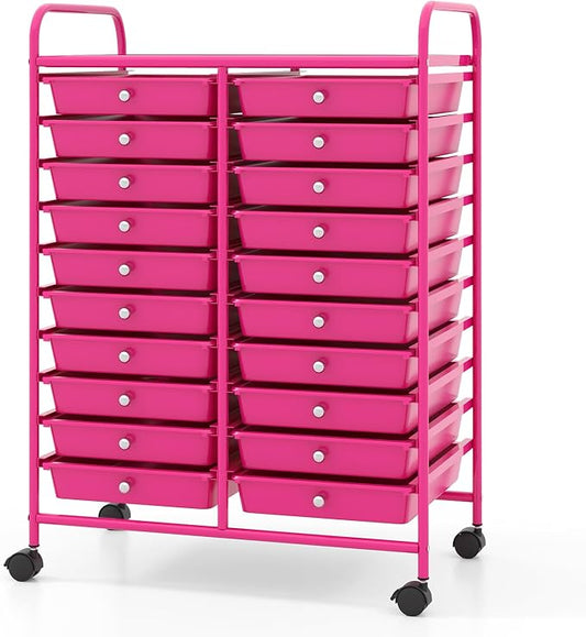 COSTWAY 20-Drawer Rolling Storage Cart, Utility Storage Organizer Cart for Tools, Scrapbook, Paper, Craft, Multipurpose Storage Trolley on Wheels for Home Office School, Hot Pink