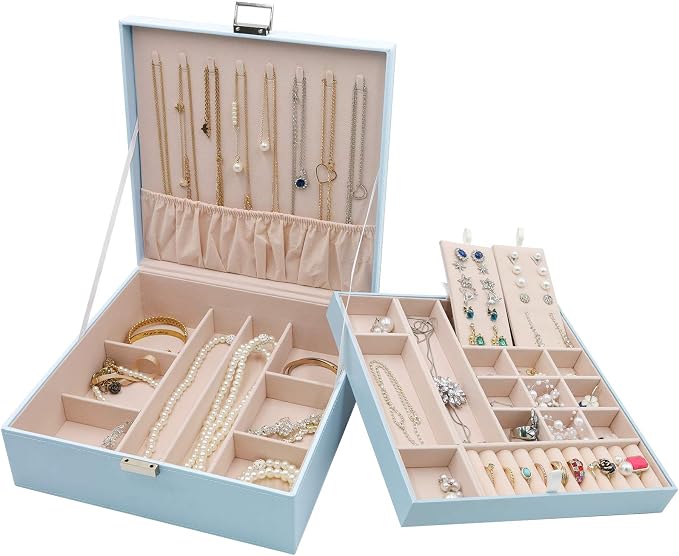 ProCase Jewelry Box for Women, 2 Layers Large Leather Jewelry Organizer Storage Case with Removable Pad for Earrings -Blue