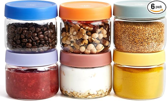 6 Pack 10oz Borosilicate Glass Jars with Lids – Fits 1 Cup Recipes and Toppings – Freezer to Oven Safe (-4°F to 446°F) Meal Prep Containers for Chia Pudding, Overnight Oats, Yogurt