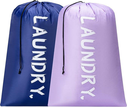 2 Pack 28" x 40"Travel Laundry Bag, Machine Washable Dirty Clothes Organizer with Drawstring,Large Enough to Hold 4 Loads of Laundry, Easy Fit a Laundry Hamper or Basket Travel Essentials