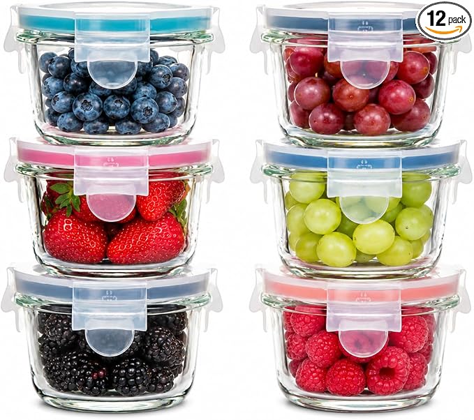 GENICOOK Borosilicate Glass Small Baby-Size Meal and Food Storage Containers, Round Shape - 12 pc Set (6 Containers - 6 Matching Lids)