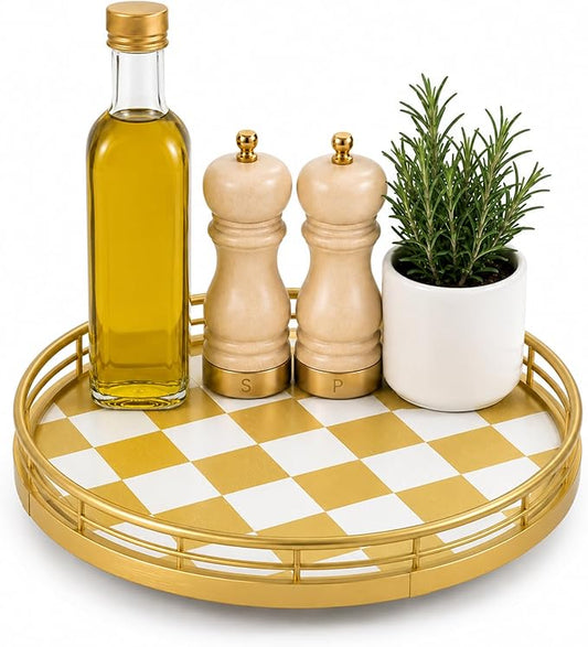 9 Inch Gold Lazy Susan Turntable Organizer, Kitchen Counter Spice Rack Organizer, Rotating Seasoning Tray for Cabinet Pantry, Farmhouse Round Decorative Serving Tray with Guard Rail