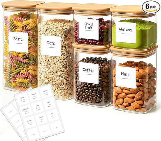 6-Pack Square Glass Pantry Storage Containers with Lids, Airtight Stackable Pantry Organization and Storage Set (1.9/1.2/0.6 Qt) for Snacks, Cereal & Coffee
