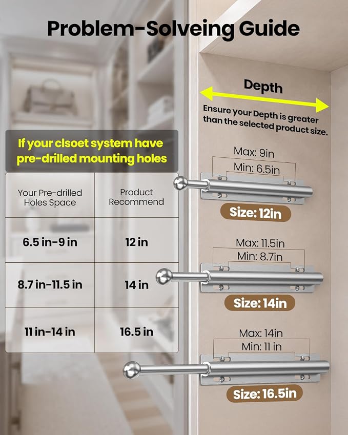 Supforce Valet Rod for Closet Pull Out, Retractable Slide Out Valet Rod Closet Organization, 12" Aluminum Valet Clothing Hanger Rods Perfect for Suits, Freshly Pressed Clothes, Matte Silver