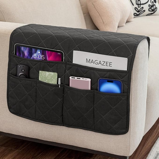 Remote Control Holder for Recliner Armchair Caddy Couch Armrest Organizer, Non-Slip Arm Chair Bedside Caddy Storage Organizer for Recliner Couch With 6 Pockets for Magazine, Phone, iPad (Black)