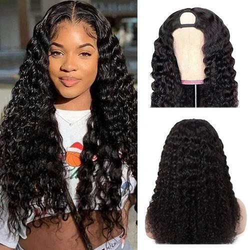 kloiynj U Part Wigs Human Hair for Black Women Deep Wave Human Hair Brazilian Hair Full Head Clip in Half Wig V Part Glueless Wigs Human Hair Pre Plucked U Shape Wigs (Natural Black, 18 inch)