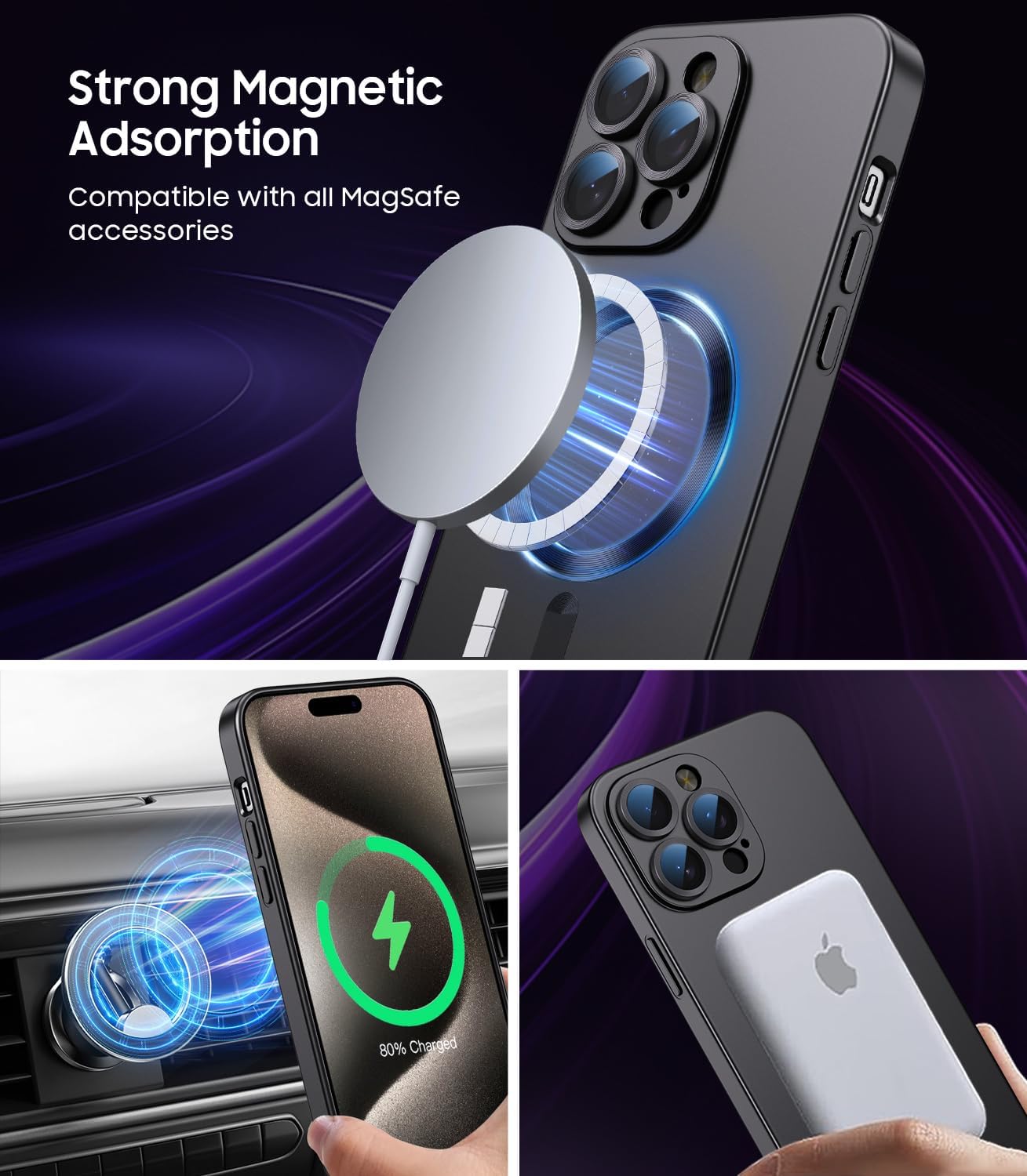 Magnetic for iPhone 15 Pro Case [Compatible with MagSafe][Built-in Camera Lens Protector] Slim Soft Silicone Bumper Shockproof Metallic Shine Phone Case (Black)