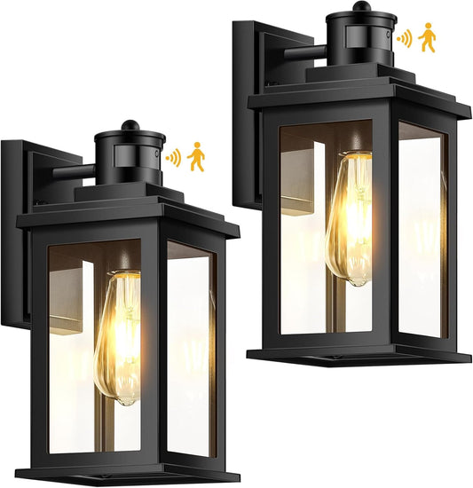 VIANIS Motion Sensor Outdoor Light, 2 Packs Exterior Lights for House, Black Waterproof Dusk to Dawn Outside Porch Lights Lantern for Garage Patio Doorway,Distance Adjustable(Hardwired, not Solar)