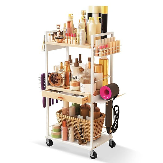 Xubialo 3 Tier Rolling Utility Cart with Wooden Drawer, Stable and Sturdy Made of Multifunctional Storage Organizer Tool for Kitchen, Bathroom, Makeup, Living Room, Baby Essentials, white