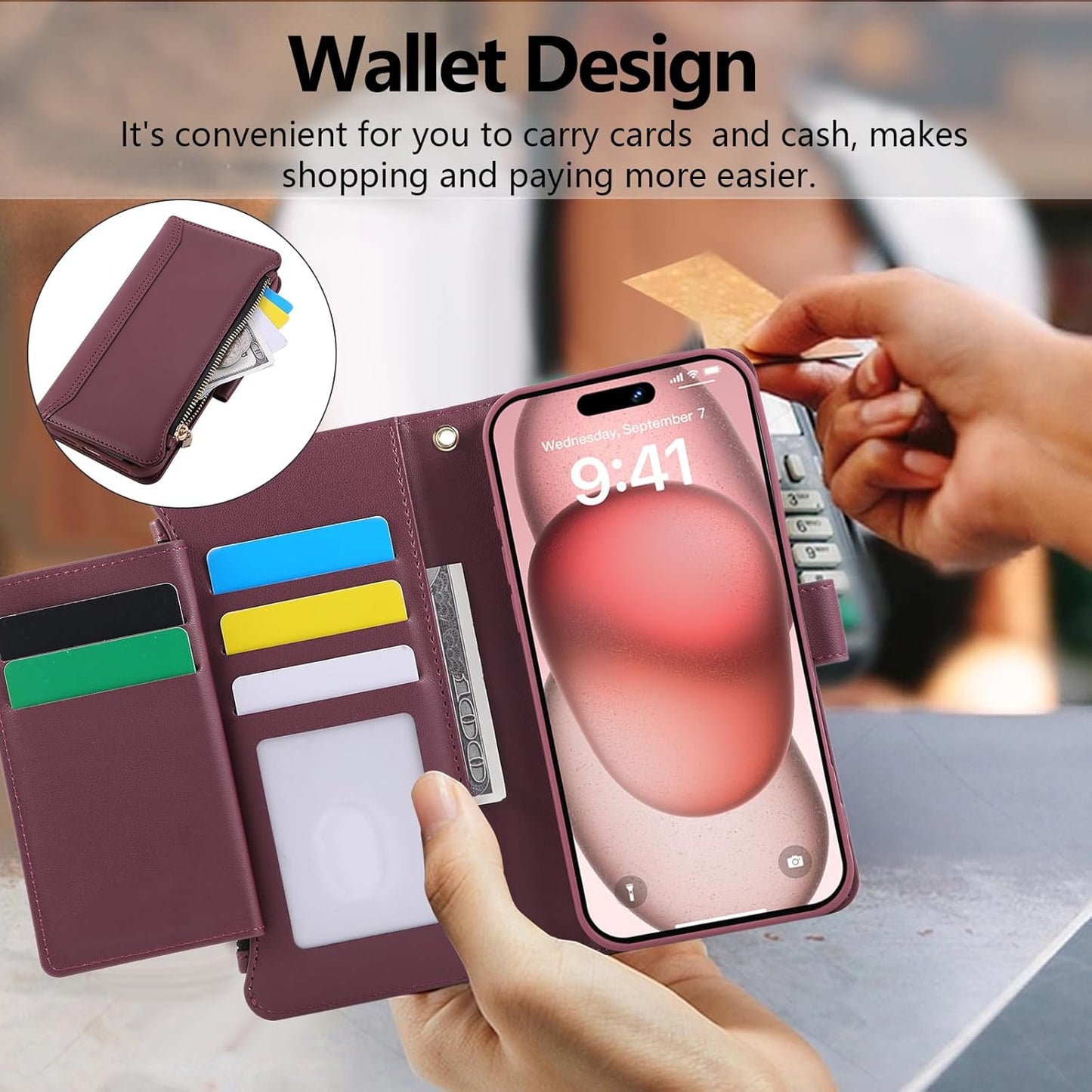 Compatible with iPhone 16 Pro Max Wallet Phone Case-PU Leather Magnetic Flip Cover with Credit Card Slots,Zipper Pocket & Detachable Wrist Strap,Shockproof Design,for Women and Men-Claret