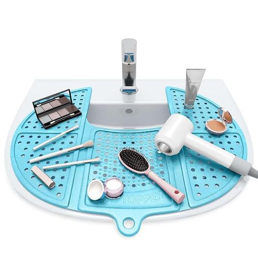 Sink Topper Bathroom Counter Cover & Storage Saver, Foldable Mat for Hot Tools, Hair Styling & Makeup, Beauty Brush Cleaning Mat, RV Camper Sink Cover & for Small Spaces (Standard Pacific Blue)
