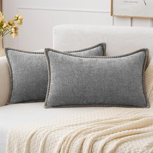 MIULEE Pack of 2 Lumbar Throw Pillow Covers 12x20 Inch Dark Gray Farmhouse Decorative Pillow Covers with Stitched Edge Soft Chenille Solid Dyed Pillow Covers for Couch Sofa Bed Living Room