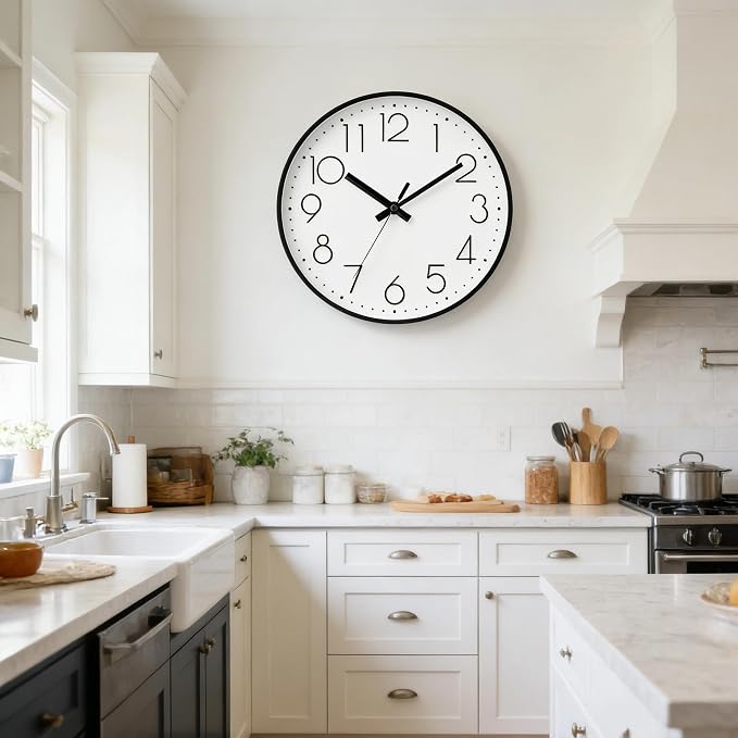 DAXSMY Wall Clock - 12 Inch Silent Non-Ticking Modern 3D Wall Clocks Battery Operated - Decorative Clock for Kitchen, Home Office, Bathroom, Bedroom, Living Room(White)