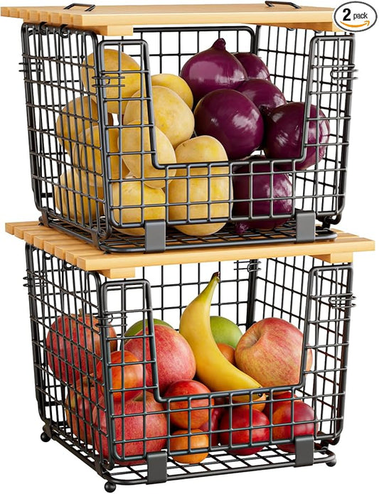 Wire Storage Basket for Kitchen Pantry: GGIU Stackable Kitchen Counter Organizers - Wire Organizing Bin for Produce Fruit Vegetable Potato and Onion Black
