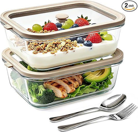 2 Pack 50 oz Large Glass Food Storage Containers with Lids,6.2 Cups Airtight Meal Prep Containers, Non-Toxic Glass Containers for Vegetables, Fruits, Microwave, Dishwasher