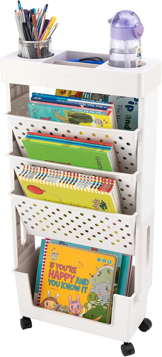 White Rolling Office Paper Organizer, Mobile Book Cart Document Folder File Storage with Pen Holder, Slim Rolling Storage Cart Movable Bookshelf for Office, Dorm, Classroom, Nursery