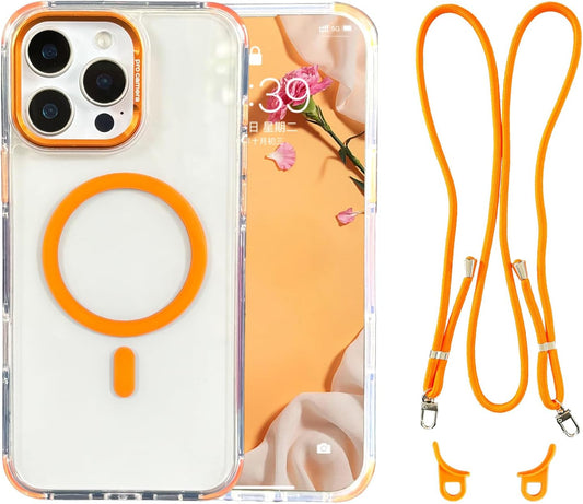 Cases for iPhone 16 Pro with 62.99 inch Lanyard Strap, Compatible with MagSafe, Classic Clear&Orange Phone Cover Non-Yellowing, Hands-Free Phone Case Drop&Shockproof, Adjustable Phone Lanyard