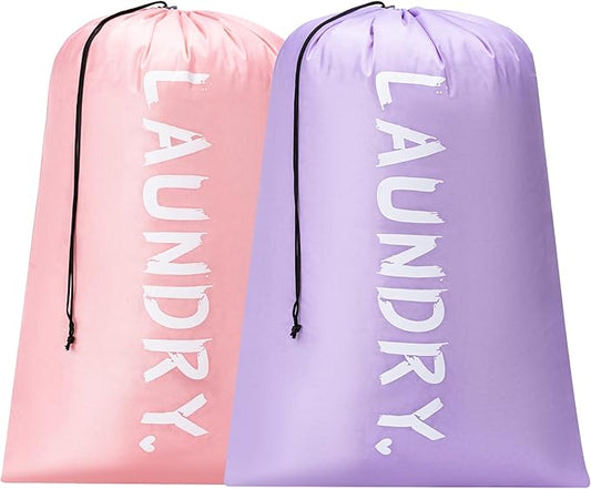 2 Pack 28" x 40"Travel Laundry Bag, Machine Washable Dirty Clothes Organizer with Drawstring,Large Enough to Hold 4 Loads of Laundry, Easy Fit a Laundry Hamper or Basket Travel Essentials