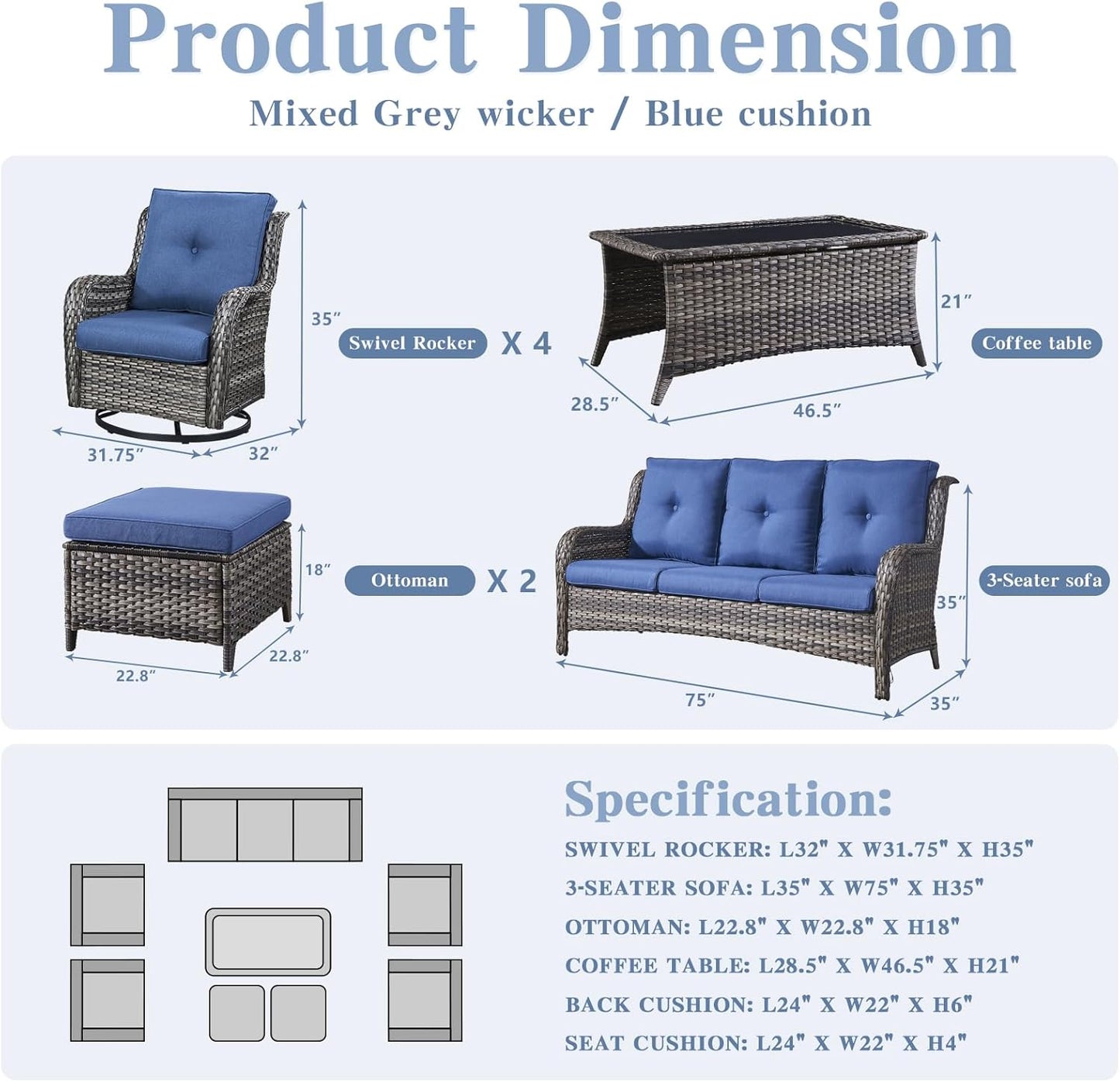 Wicker Patio Furniture Sets - 8 Piece Rattan Outdoor Furniture Conversation Sets with 4 Swivel Rocker Chairs, Rattan Sofa, Wicker Ottomans and Coffee Table, Mixed Grey/Blue