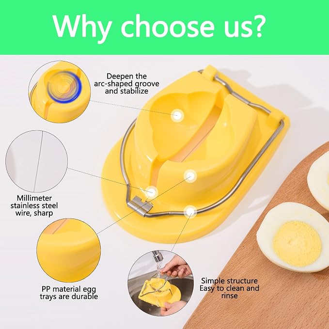 Egg Slicer, Semi-Round Curved Yellow Egg Cutter for Hard Boiled Eggs – Stainless Steel Wire Cutter with Ergonomic Handle for Salad, Cobb Salad, Avocado Toast & Food Garnish, Easy to Clean (2)