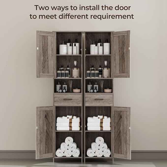 Homhedy 67" H Tall Bathroom Storage Cabinet with 2 Barn Doors and 1 Drawer, Narrow Storage Unit, Adjustable Shelves, Floor Cabinet for Bathroom, Living Room, Entryway, Kitchen, Greige, (15.7" W)