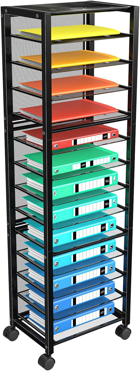 Simple Trending 14 Tier Rolling File Cart, Desk File Organizer, Paper Letter Storage Rolling Clutter Cart for Office, Home, School, Black