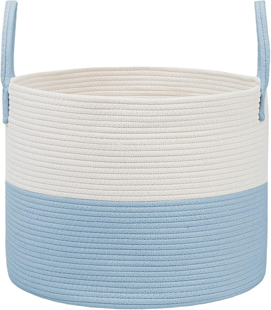 JMvicyroam 115L Extra Large Blanket Basket for Living Room - Woven Cotton Rope Laundry Hamper with Reinforced Handles - Storage Bin for Pillows, Comforters & Toys - Machine Washable,White&Blue