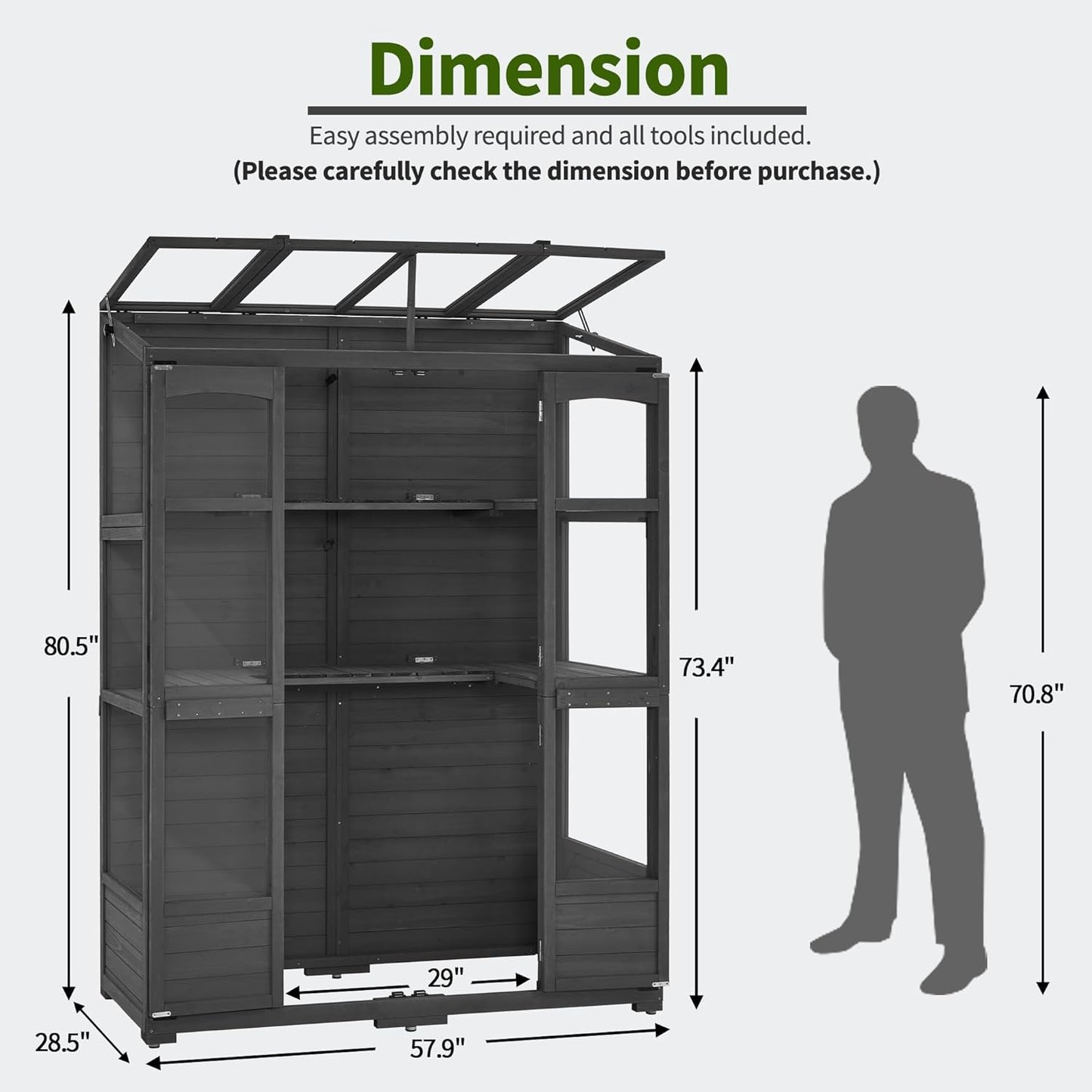MCombo Wooden Greenhouse, Walk-in Outdoor Greenhouse with Openable Roof and Lockable Door, 0899 (Dark Grey)