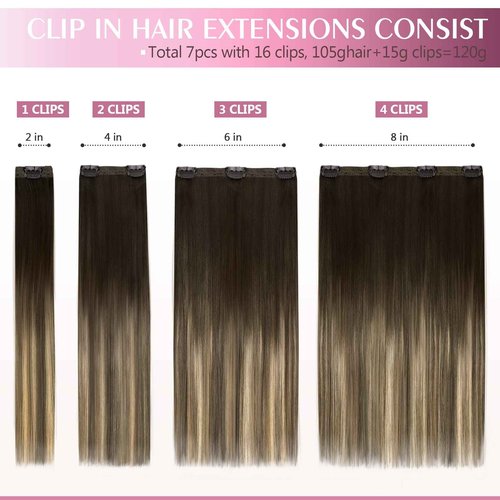 Fimislosion Real Hair Extensions Clip in Human Hair, Seamless Clip in Hair Extensions Real Human Hair, 20 Inch Clip ins extensions for women, Balayage Dark Brown to Middle Brown 120G 7Pcs