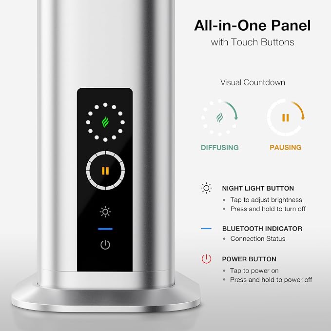 Airversa Waterless Diffuser, Smart Tower Diffuser with App Control, Cold Air Scent Diffuser Oil Machine for Homes Offices Hotels, 300mL Capacity, Up to1500 sq ft, DC-12V/1A Plug, RDX Silver Kit