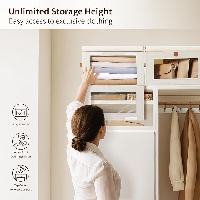 Homsorout Medium Fabric Storage bins - Collapsible Storage Bins with Open Window, 6 Pack Closet Baskets for Shelves, Stackable Decorative Boxes for Home, Dorm, Beige, 13.7"x 9.8" x 9.8"