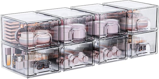 ZHIAI 8 Pack Clear Stackable Storage Drawer, Acrylic Drawer, Cosmetic Organizer, Plastic Organizer for Dresser, Under, Kitchen Cabinet, Pantry, Home Organization and Storage