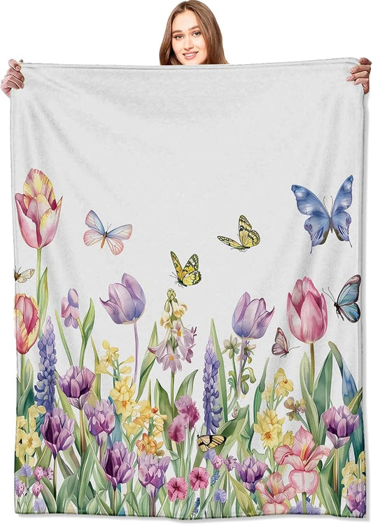Spring Tulip Flower Blanket Cute Floral Throw Blankets with Colorful Butterfly,Birthday Gifts for Girls Women & Nature Lovers,Lightweight Soft Fleece,for Sofa Couch Bed Room Decor 60x80in