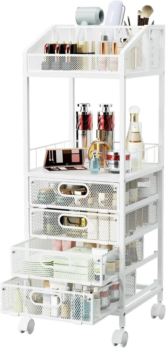 HapiRm Makeup Organizer Storage Cart - Floor Skincare Make Up Storage with 4 Drawers, Rolling Makeup Cart Vanity Organizer Cosmetics Display Cases Holder for Skin Care Perfume Nail Polish