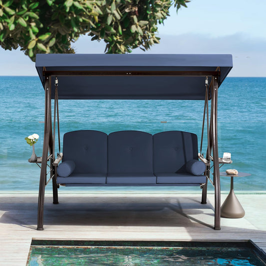 HOMREST 3 Person Outdoor Porch Swing with 1.5" Upgraded Cup Holder, Adjustable Canopy, Backrest, Patio Swing Bed with Weather Resistant Steel Frame, Cushions for Garden,Deck and Poolside(Blue)
