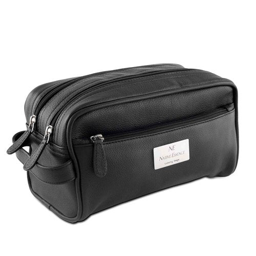 Leather Toiletry Bag, Black Genuine Calf Leather Travel Bag, Handmade DOPP Kit for Travel, Cosmetic Pouch, Luxury Shaving Bag, Bathroom Organizer, Stylish Grooming Kit for Men and Women Gift Packed