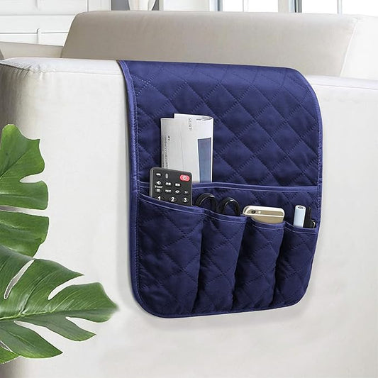 Armchair Caddy for Recliner, Couch Caddy Storage Organizer with 5 Pockets, Non Slip Sofa Arm Organizer for Remote Controls, Phone, Magazines, Tablet (Blue)