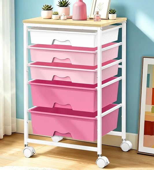 SUNALLY Rolling Storage Utility Cart With 5 Drawers, 5 Tier Rolling Cart with Wooden Tabletop and 2 Lockable Wheels, Storage Drawer Cart for Craft Art Supply Storage & Home Office Organization, Pink