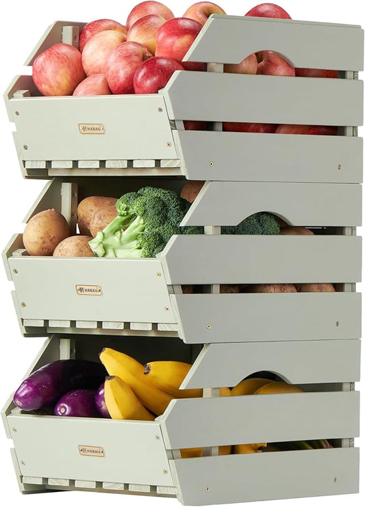 Wood Potato Onion Storage Bins - Wooden Stackable Produce Basket - Fruit Vegetable Storage for Kitchen Pantry Organization, Set 3 Pieces