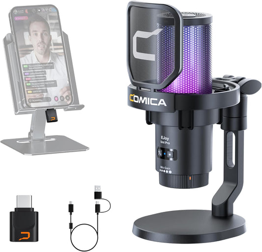COMICA EJoy Uni Pro Wireless Gaming USB Microphone, Noise Cancellation RGB Condenser Mic with Mute, Gain, Monitoring, Pop Filter&Shock Mount for Recording, Streaming, Podcast, PS5, PS4, PC, YouTube