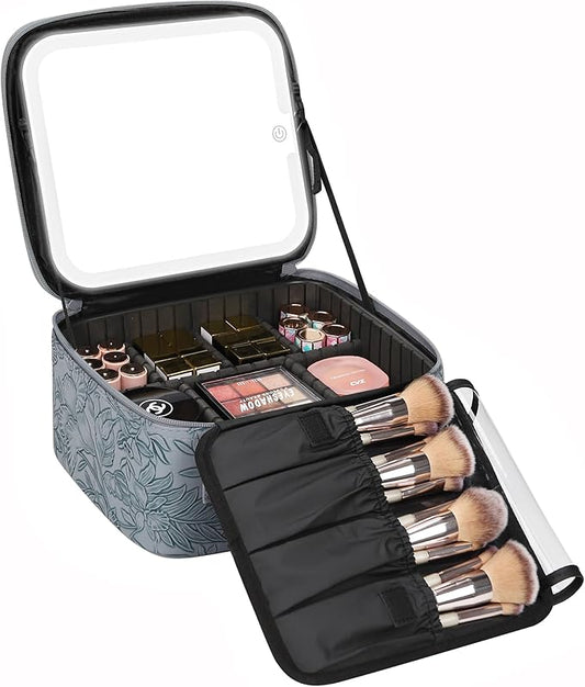 Relavel Travel Makeup Bag With LED Mirror for Women, Cosmetic Organizer Bag with Adjustable Brightness in 3 Color Scenarios, Detachable Dividers, Waterproof Train Case for Daily - Dark Blue FLower