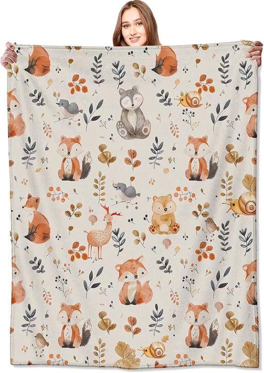 Cute Woodland Animal Blanket,Cartoon Fox, Owl, and Deer Throw Blankets,Gifts for Kids & Animal Lovers,Lightweight Soft Fleece,for Picnic Sofa Couch Bed Room Travel,Birthday Decor,50x60in