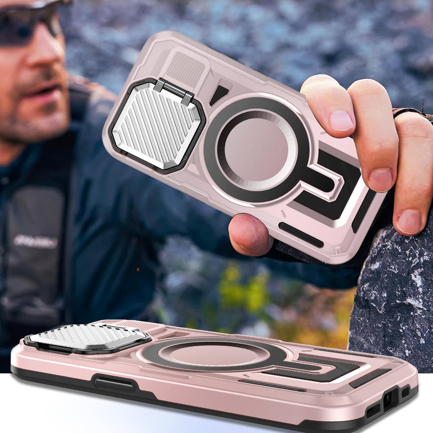 Camera Stand Case for iPhone 14 Plus, [Compatible with Mag Safe] [Lens Cover] 2024 Version Military Grade Protective Soft Case for iPhone 14 Plus 6.7 inch Men Women,Pink