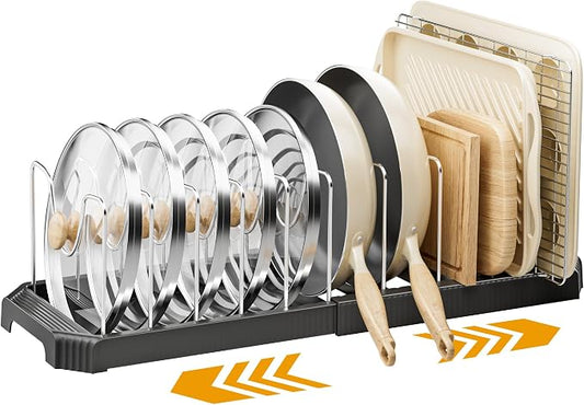 MUDEELA Pots and Pans Organizer under Cabinet, Expandable Rack with Pot Lid Holder and 12 Adjustable Dividers, Pan Organizers inside Cabinet for Kitchen Organization, Cutting Boards, Baking Sheets