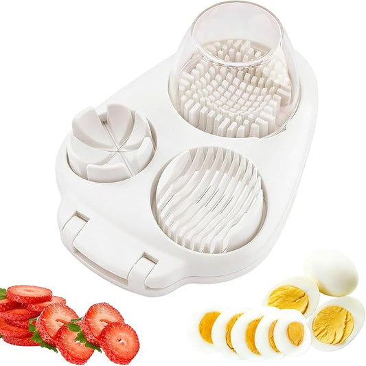 3-in-1 Egg Slicer for Hard Boiled Eggs, Multipurpose 3-Way Cutter with 3 Slice Modes, Heavy Duty Stainless Steel Chopper Tool for Strawberry, Mushroom, Grape, Cherry Tomato(COLOR:White)