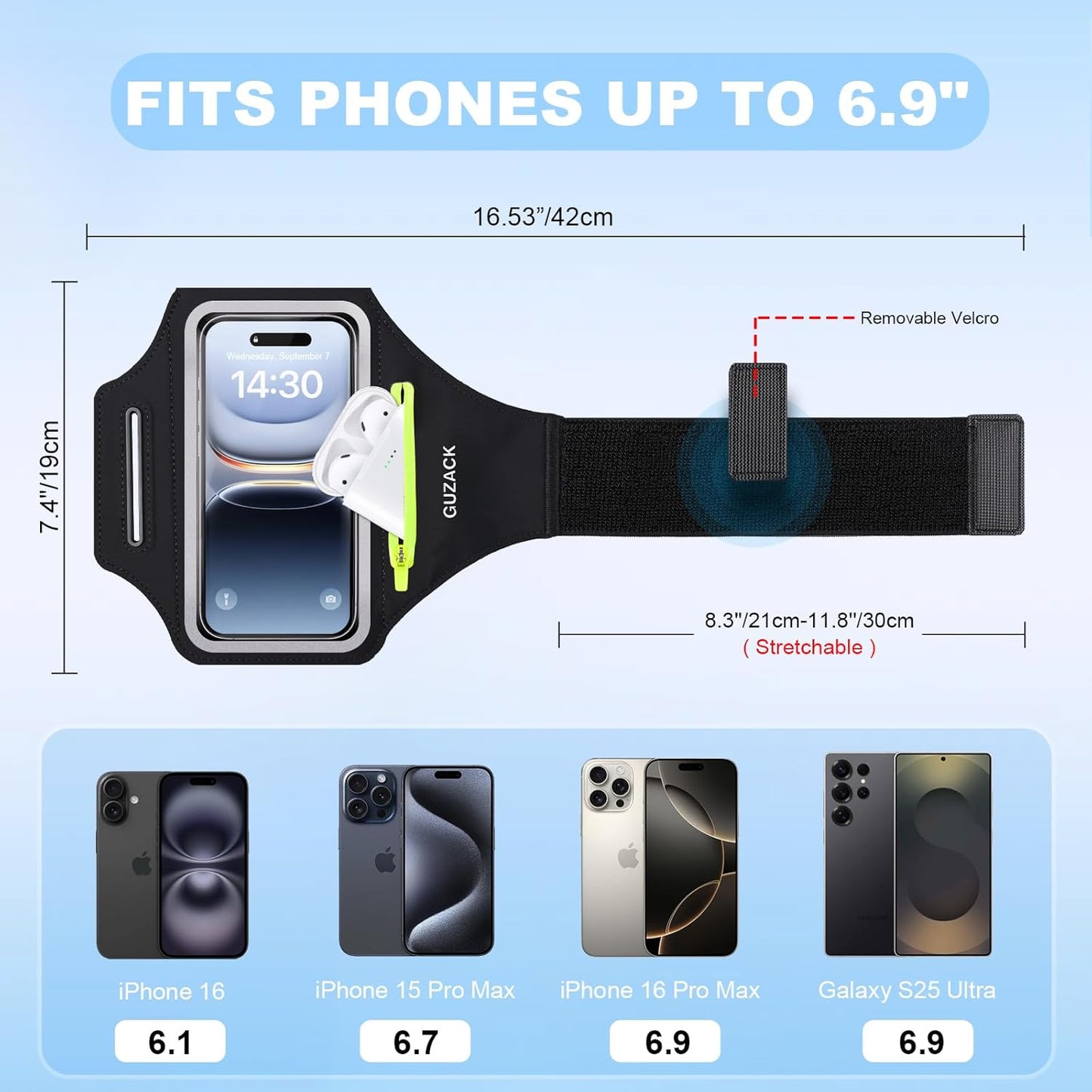 Running Armband with Earphone Pouch & Card Slot, Running Phone Holder for iPhone 16 15 14 Pro Max Plus Galaxy S25 S24 S23 Ultra, Up to 6.8" Phones"