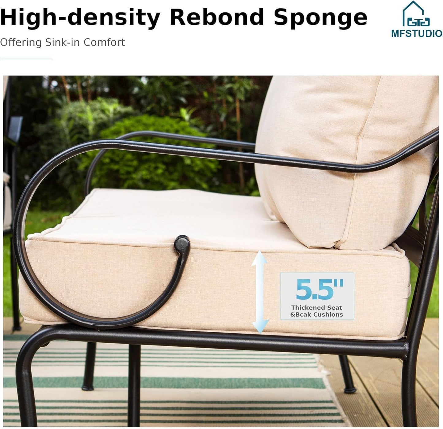 MFSTUDIO 7 Seats Metal Patio Conversation Furniture Sets, 6 Pieces Outdoor Sectional Sofa with 2 Swivel Chairs, 2 Fixed Chairs, 3-seat Sofa and Table for Outside Backyard Poolside Garden
